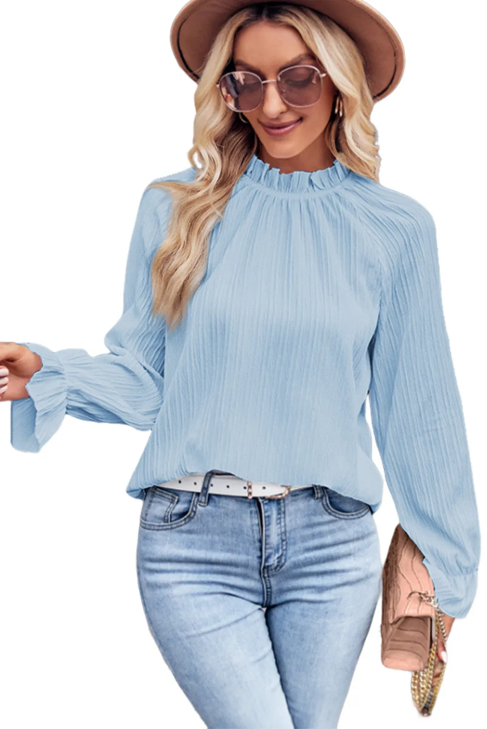 Green Frilled Mock Neck Ripple Bubble Sleeve Blouse